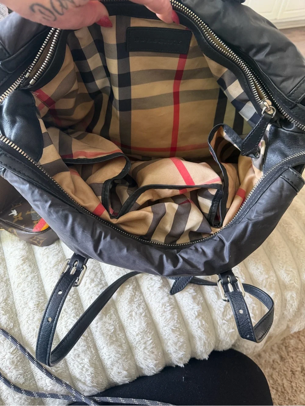 Burberry Black Quilted Nylon Tote with Leather Trim